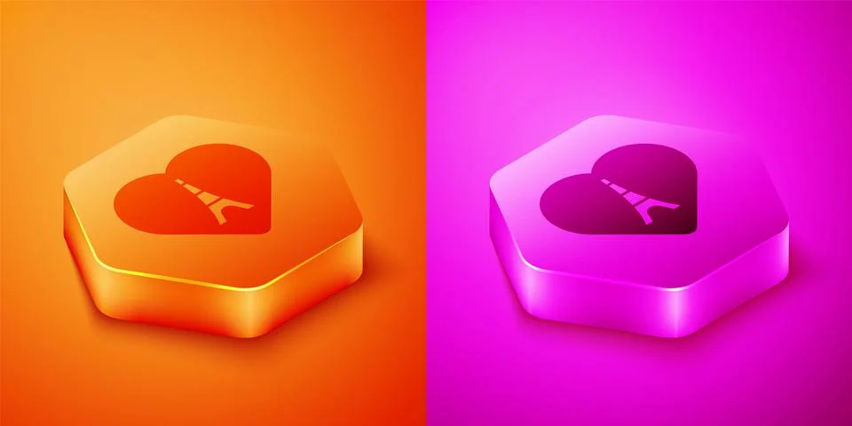 Isometric Eiffel tower with heart icon isolated on orange and pink background イラスト素材