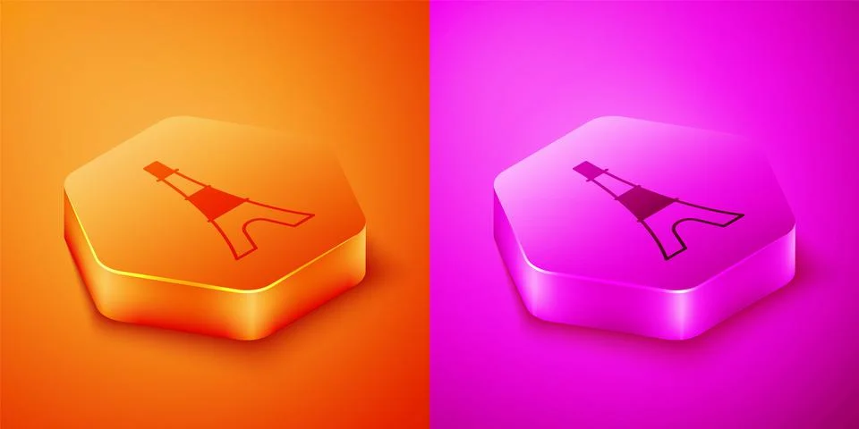 Isometric Eiffel tower icon isolated on orange and pink background. France Paris 스톡 일러스트