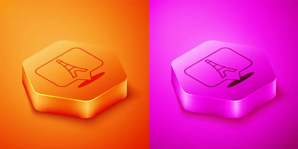 Isometric Eiffel tower icon isolated on orange and pink background. France Paris Illustrazione stock
