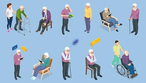 Isometric Elderly care. Elderly, old people, and senior people at home. Aged Stock Illustration