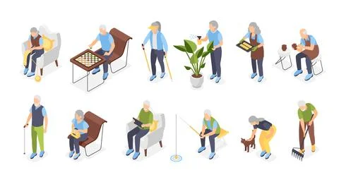 Isometric elderly characters. Old people hobbies, knitting fishing gardening Stock Illustration