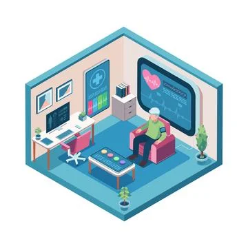 Isometric Elderly Man using Remote Patient Monitoring at Home Illustrazione stock