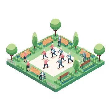 Isometric Elderly People Exercising in a Park Ilustración de archivo