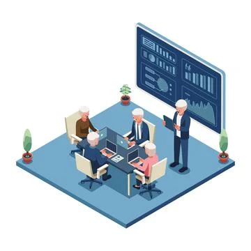 Isometric Elderly People Working and Collaborating with Team Stock Illustration