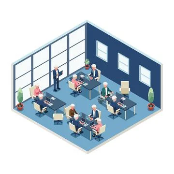Isometric Elderly People Working in a Modern Office Stock Illustration