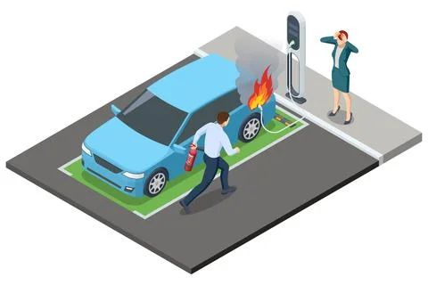 Isometric electric car fire at charging station Stock Illustration