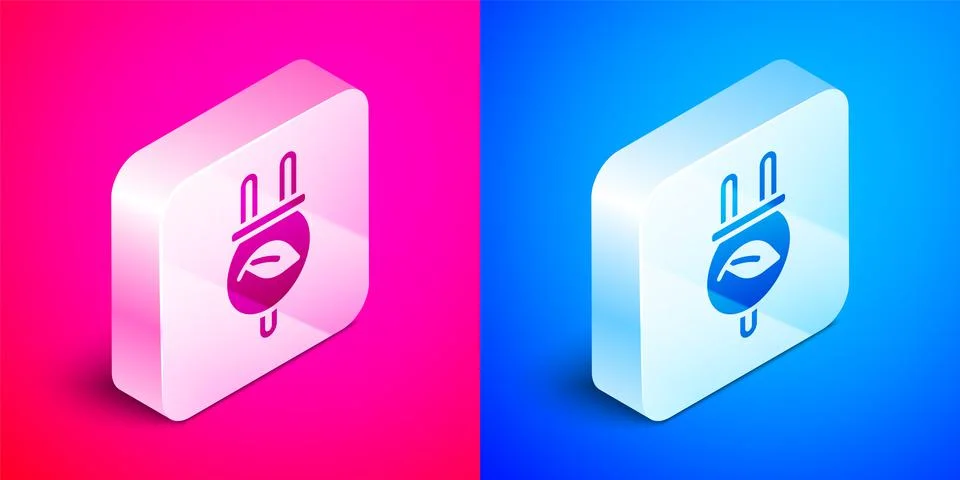 Isometric Electric saving plug in leaf icon isolated on pink and blue backgro Stock Illustration