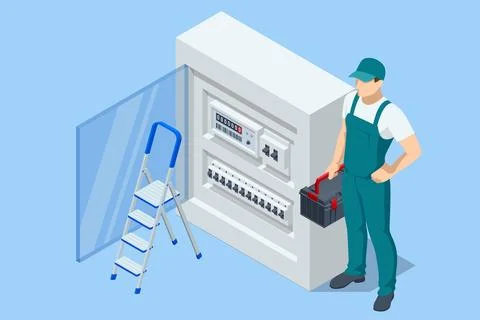 Isometric Electric switchboard. Transformer. Distribution board. Electrical Stock Illustration