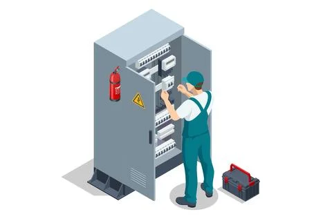 Isometric Electric switchboard. Transformer. Distribution board. Electrical Stock Illustration