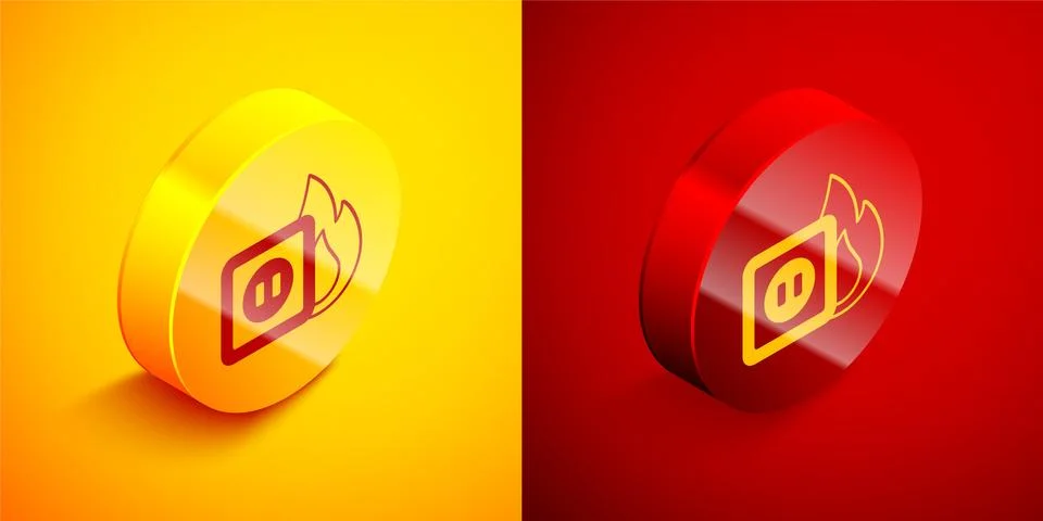 Isometric Electric wiring of socket in fire icon isolated on orange and red Illustrazione stock