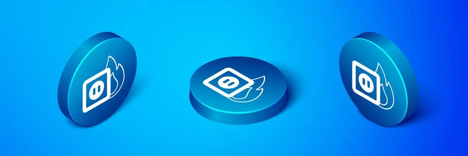Isometric Electric wiring of socket in fire icon isolated on blue backgroun.. Illustrazione stock