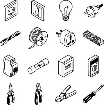 Isometric Electrical Tools and Components Icon Set. Stock Illustration