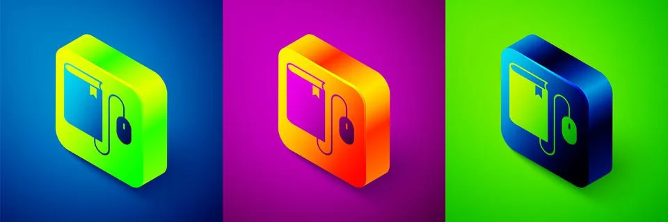 Isometric Electronic book with mouse icon isolated on blue, purple and green Stock Illustration