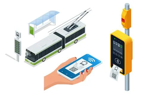 Isometric electronic Contactless wireless payment via mobile phone. Trolleybus Stock Illustration
