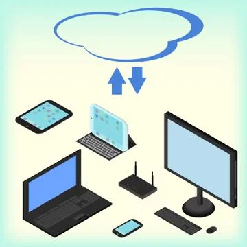 Isometric electronic devices, cloud network services, concept, laptop, smartp Illustrazione stock