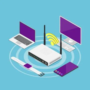 Isometric electronic devices connected to a WiFi router Stock Illustration