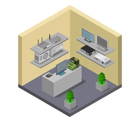 Isometric electronic store room in vector on white background Stock Illustration