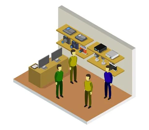 Isometric electronic store room in vector on white background Stock Illustration