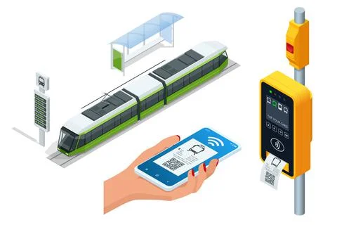 Isometric electronic validator of public transport fare. Contactless wireless Stock Illustration