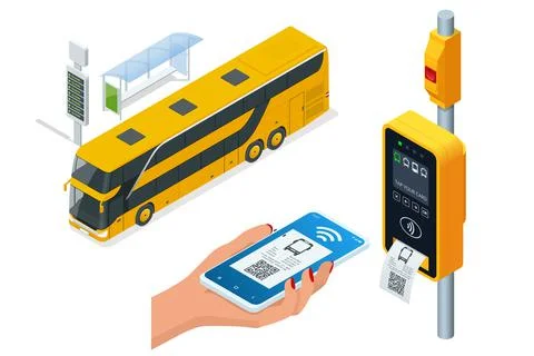 Isometric electronic validator of public transport fare. Contactless wireless Stock Illustration