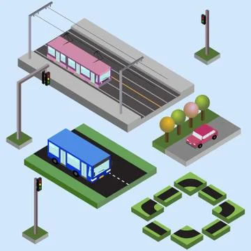 Isometric elements of city, bus, car, tram, streets, traffic lights, nature.. Stock Illustration