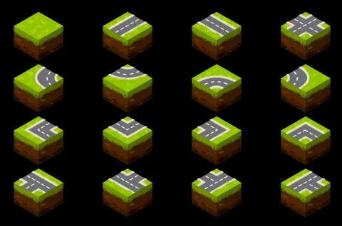 Isometric elements of a ground road with grass for the street. Stock-Illustration