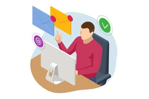 Isometric email, business e-mail communication and digital marketing, electronic Stock Illustration