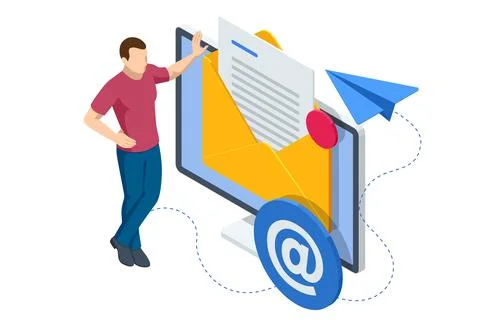 Isometric email, business e-mail communication and digital marketing, electronic Stock Illustration