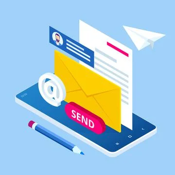 Isometric Email Inbox Electronic Communication. E-mail marketing. Receiving Stock Illustration