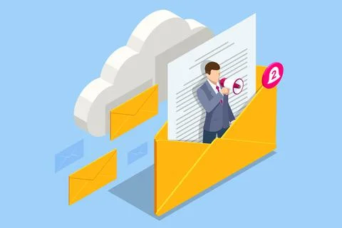 Isometric Email Notification Concept. Message Online Chat Social Text Concept Stock Illustration