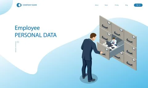 Isometric Employee personal data concept. Man analyzes the database of employees Stock Illustration
