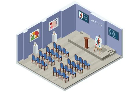 Isometric empty auction hall with podium, chairs, and abstract paintings on the Stock Illustration