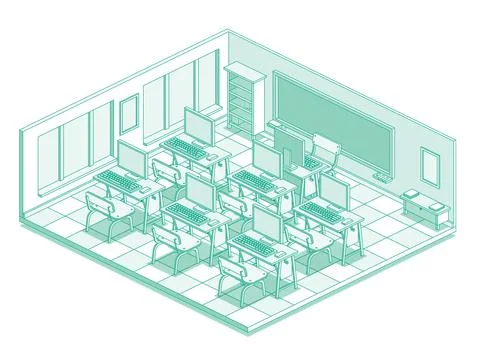 Isometric empty computer classroom in school. Outline style with green line.. Stockillustratie