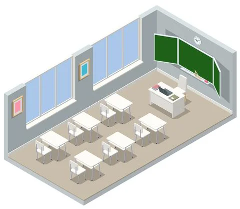 Isometric empty school classroom. Education. Classroom design with modern desks Stock Illustration