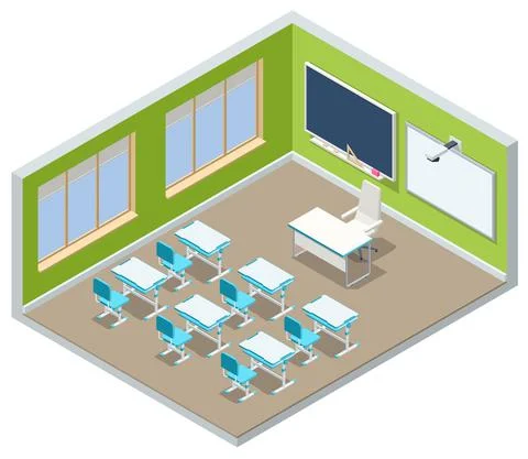 Isometric empty school classroom. Education. Classroom design with modern desks Stock Illustration