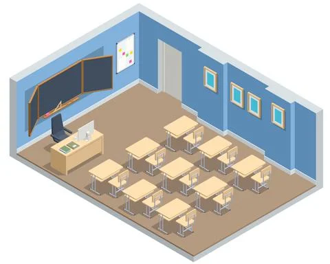 Isometric empty school classroom. Education. Classroom design with modern desks Illustrazione stock