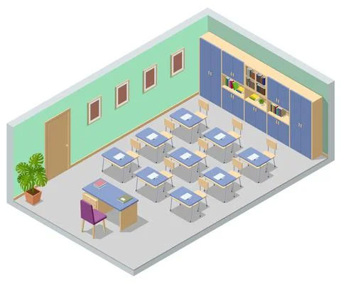 Isometric empty school classroom. Education. Classroom design with modern desks Illustrazione stock