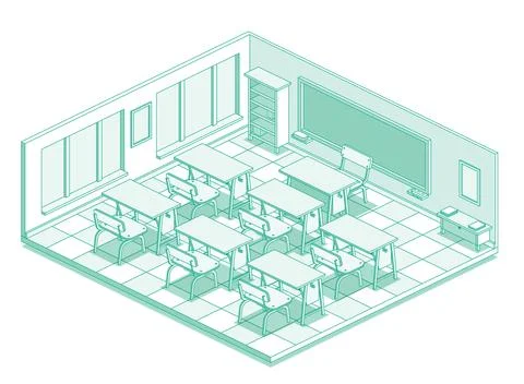 Isometric empty school classroom. Outline style with green lines. Room with.. Stock Illustration