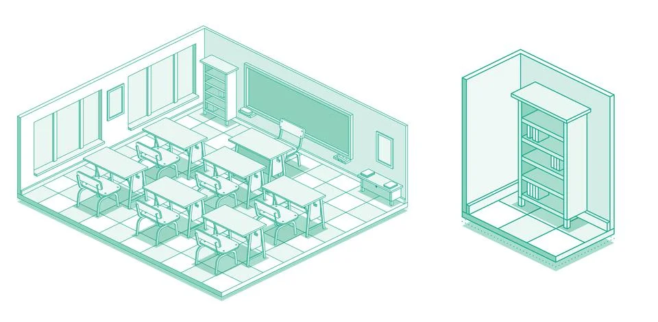 Isometric empty school classroom. Outline style with green lines. Room with.. Stock Illustration