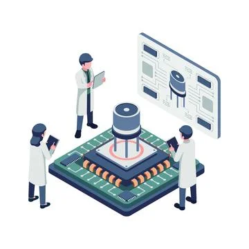 Isometric Engineer Working on Transistor and Semiconductor Design Illustrazione stock