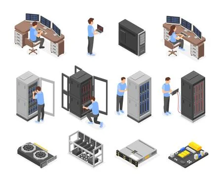 Isometric engineers characters. Data center workers and network administrators Stock Illustration
