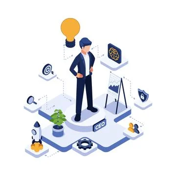 Isometric Entrepreneur Mindset Concept with Ceo Character Stock Illustration