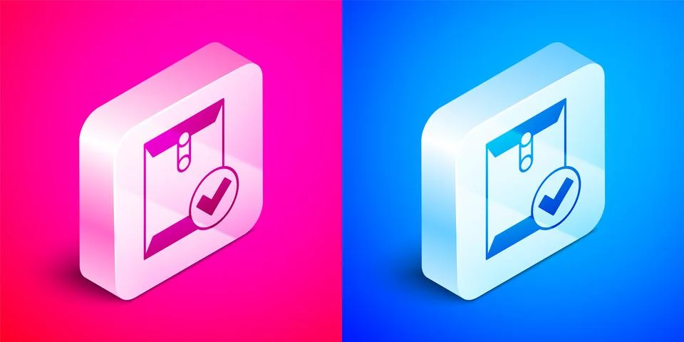 Isometric Envelope and check mark icon isolated on pink and blue background Stock Illustration