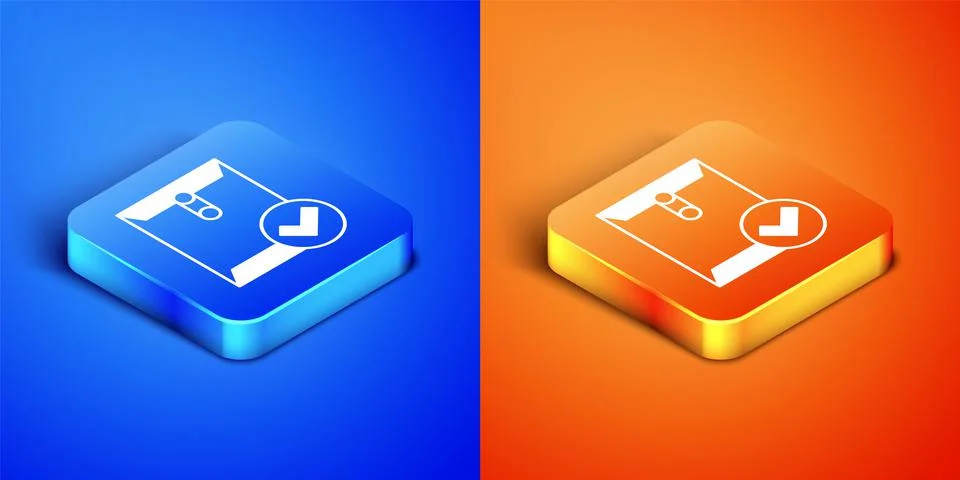 Isometric Envelope and check mark icon isolated on blue and orange background Stock Illustration