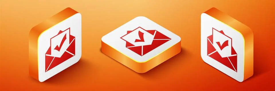 Isometric Envelope with document and check mark icon isolated on orange Illustrazione stock