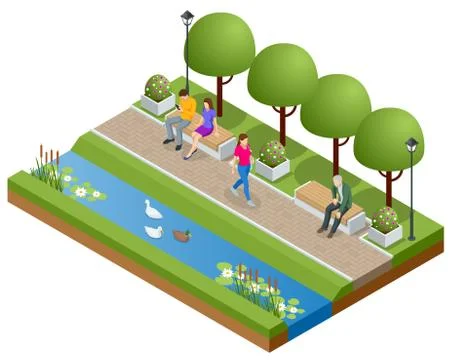 Isometric eople relaxing and walking in the park near the lake. Active and Ilustração Stock