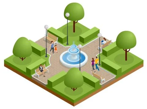 Isometric eople relaxing and walking in the park near the lake. Active and Ilustração Stock