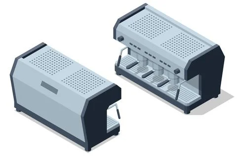 Isometric espresso machine in two views, professional coffee equipment for cafe Stock Illustration