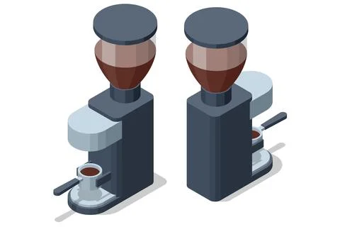 Isometric espresso machine in two views, professional coffee equipment for cafe Stock Illustration