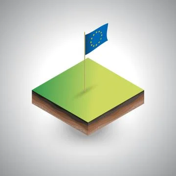 Isometric EU waving vector flag on the soil Stock Illustration